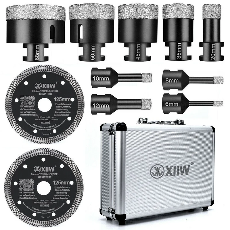 XIIW 11-tlg. Diamantbohrkronen & Trennscheiben Set M14 | Fliesenbohrer & Diamant-Trennscheibe 125mm | Profi-Set für Feinsteinzeug, Granit & Marmor