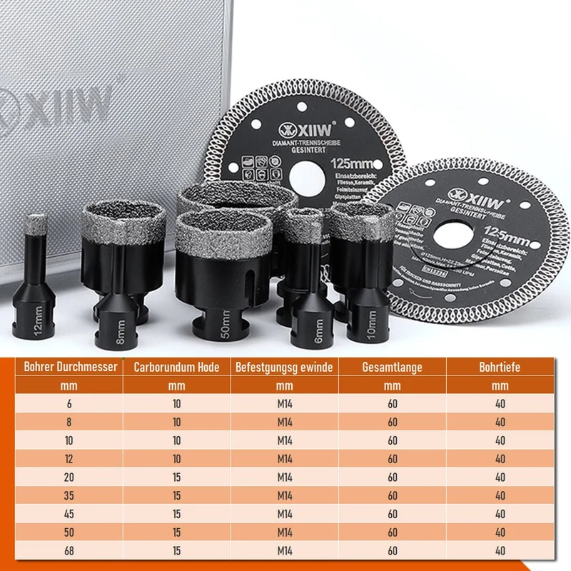 XIIW 11-tlg. Diamantbohrkronen & Trennscheiben Set M14 | Fliesenbohrer & Diamant-Trennscheibe 125mm | Profi-Set für Feinsteinzeug, Granit & Marmor