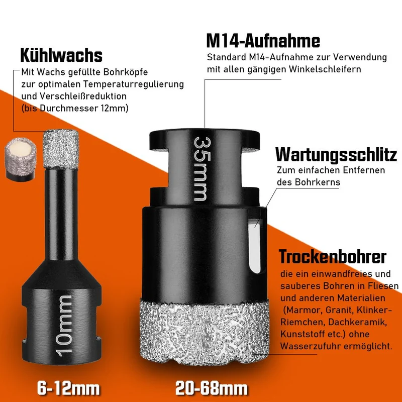 XIIW 11-tlg. Diamantbohrkronen & Trennscheiben Set M14 | Fliesenbohrer & Diamant-Trennscheibe 125mm | Profi-Set für Feinsteinzeug, Granit & Marmor
