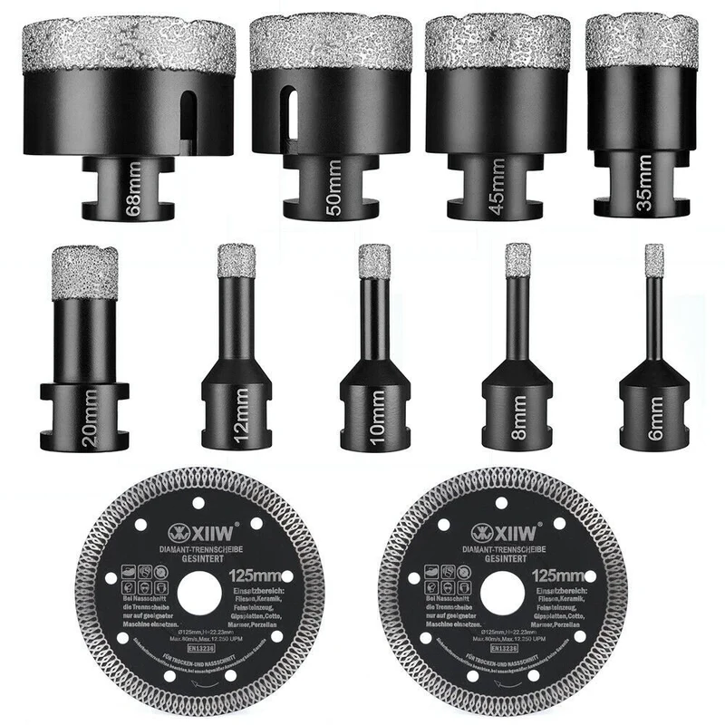 XIIW 11-tlg. Diamantbohrkronen & Trennscheiben Set M14 | Fliesenbohrer & Diamant-Trennscheibe 125mm | Profi-Set für Feinsteinzeug, Granit & Marmor