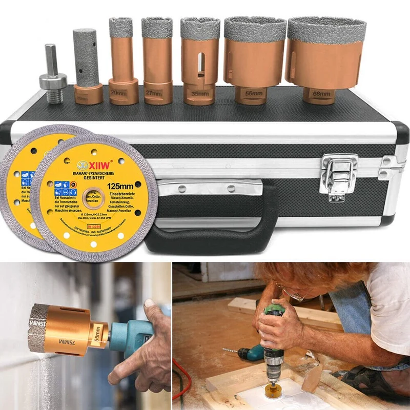 XIIW 8-tlg. Profi Diamantbohrkronen Set M14 | 20-68mm Fliesenbohrer, Fingerfräser & 125mm Trennscheibe | Vakuumgelötet für Feinsteinzeug & Granit