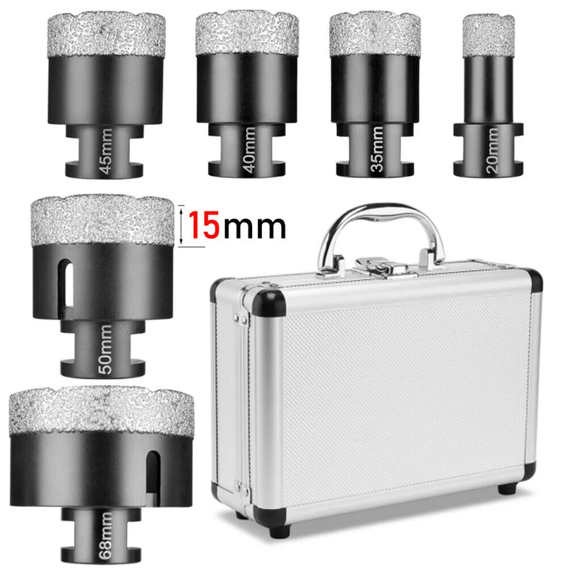 XIIW 6-tlg. Diamantbohrkronen Set M14 mit Fingerfräser | Profi Trockenbohrer 20-68mm für Feinsteinzeug & Granit | Vakuumhartgelötet