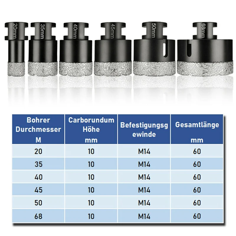 XIIW 6-tlg. Diamantbohrkronen Set M14 mit Fingerfräser | Profi Trockenbohrer 20-68mm für Feinsteinzeug & Granit | Vakuumhartgelötet