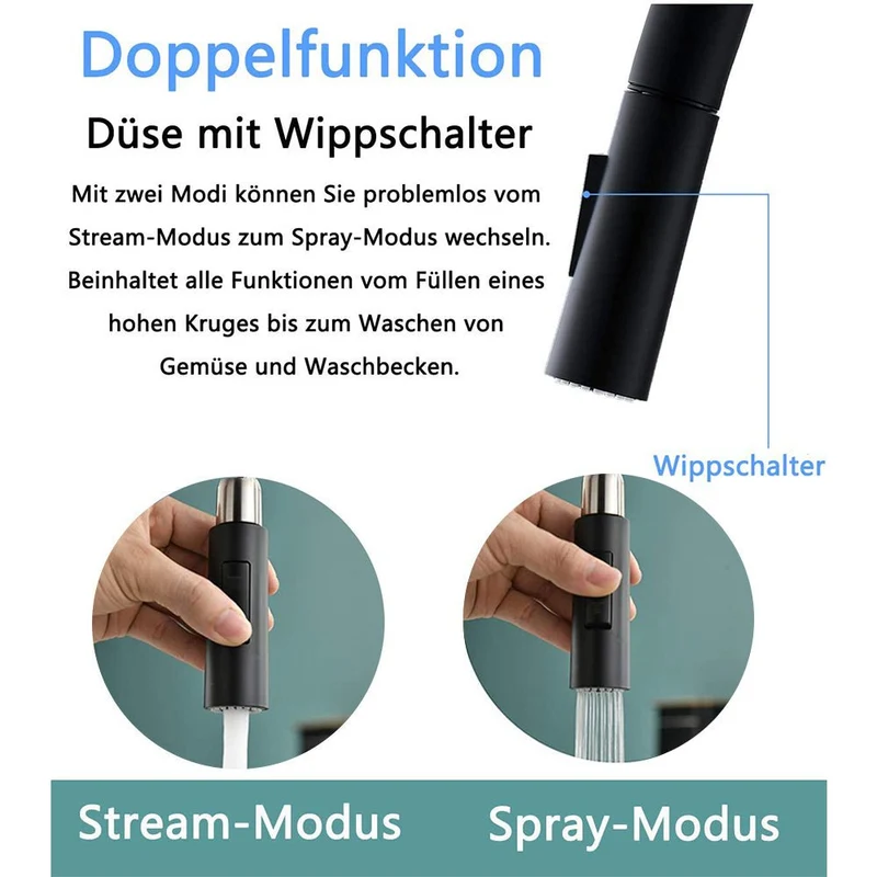 XIIW Spültischarmatur Mischbatterie | Ausziehbar| Hochdruck | mit Brause | 2 Strahlarten | 360° | Einziehbarer Schlauch
