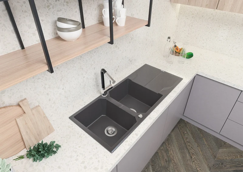 DEANTE Andante Granitspülbecken mit Abtropffläche - 2 Becken // Grau Metallic // ZQN-S213