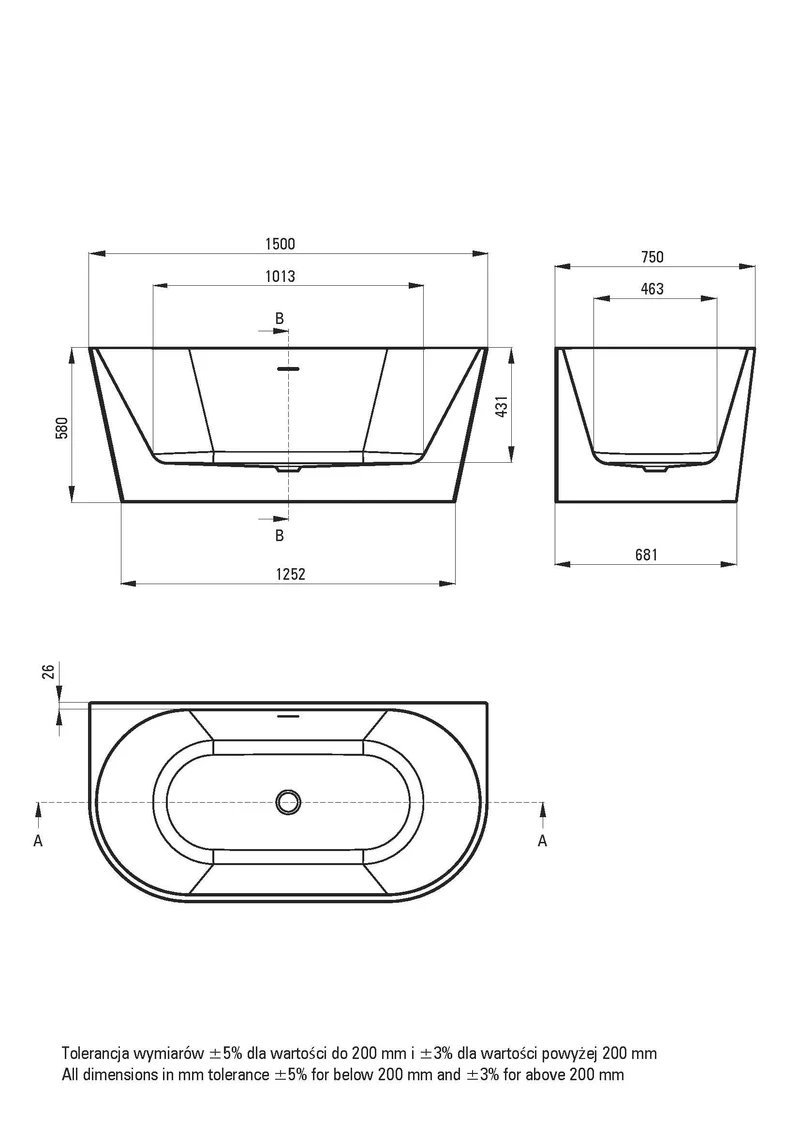 DEANTE Silia Wand- oder Freistehende Badewanne - 150 cm // Weiß // KDS-015W
