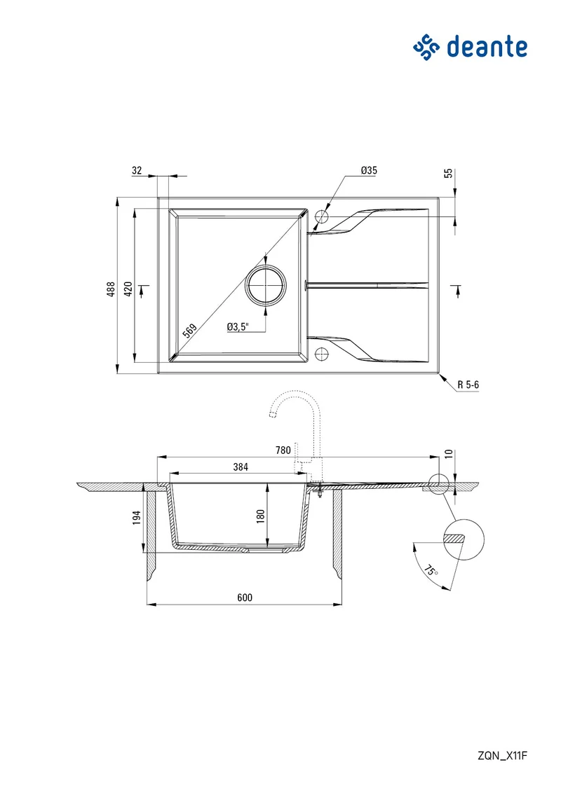 DEANTE Andante Flush Granitspülbecken mit Abtropffläche - Bündige Montage // Graphit Metallic // ZQN-G11F