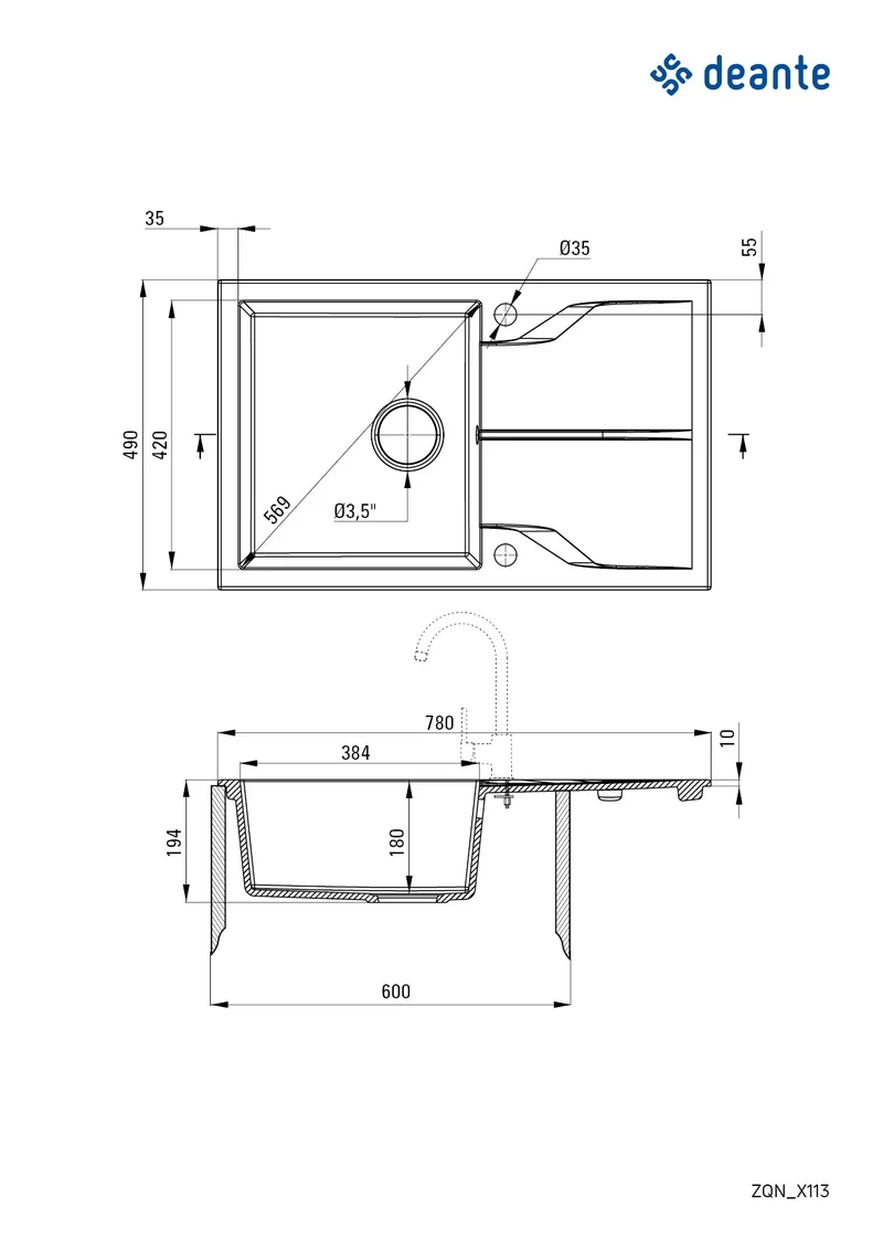 DEANTE Andante Granitspülbecken mit Abtropffläche // Graphit // ZQN-2113
