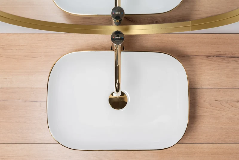 Aufsatzwaschbecken Belinda Weiß Brushed Gold 46x32cm
