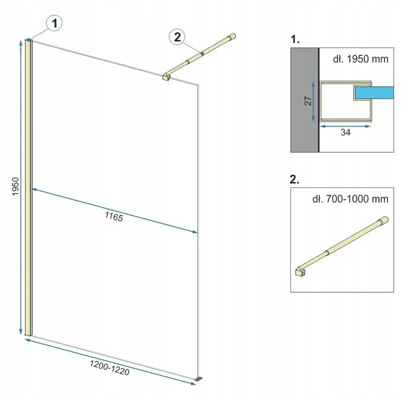 Walk In Duschwand Aero Gold Matt 90-120cm