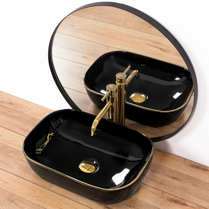 Aufsatzwaschbecken Belinda Black Gold Edge Poliert 46x32cm